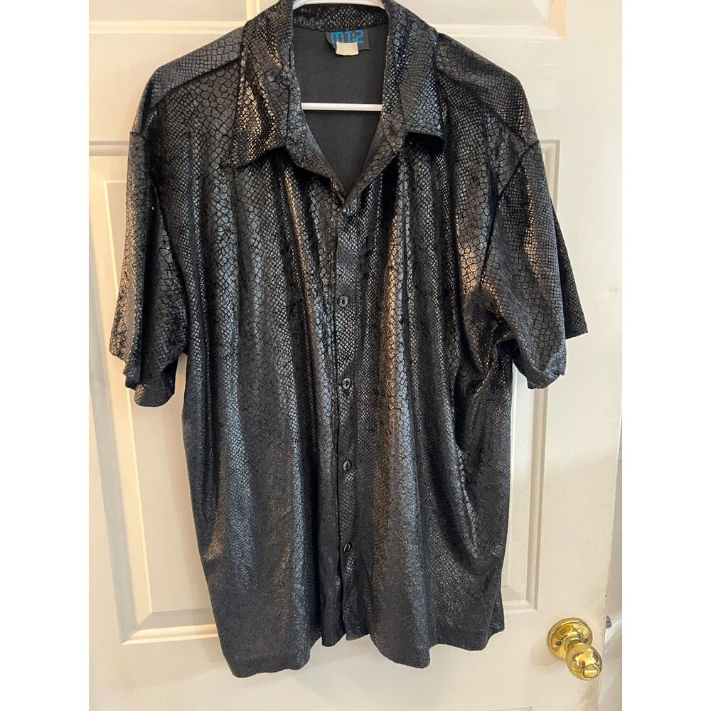 Vintage Y2K MT:2 Mens XL Button Shirt Black Metallic Snakeskin Shine Goth Grunge